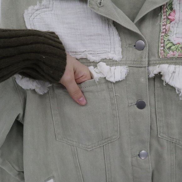 POL Jean Jacket Womens S Sage Green NWOT Cottagecore Boho Hippie Granny Eclectic - Picture 11 of 16
